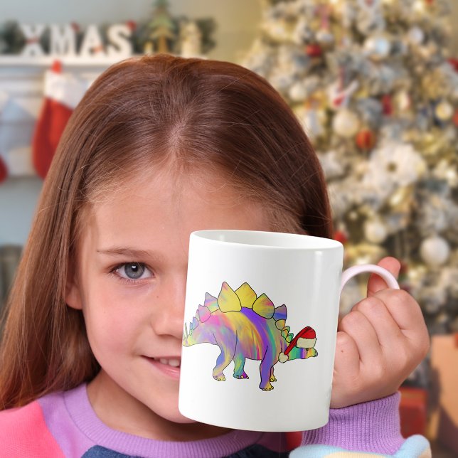 Mug Dinosaure de Noël portant un chapeau de Père Noël (Christmas dinosaur mug cute dinosaur wearing a Santa hat colorful stegosaurus watercolor )