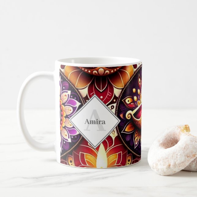 Mug Diwali personnalisé Diyas rouge et violet & Rangol (Avec donut)