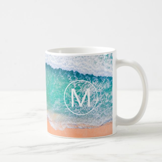 Mug DIY White Monogram in Circle, Beach Waves, Vs 2 (Droite)
