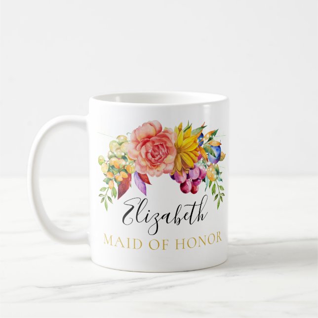 Mug Domestique de bouquet floral d'honneur avec le nom (Gauche)