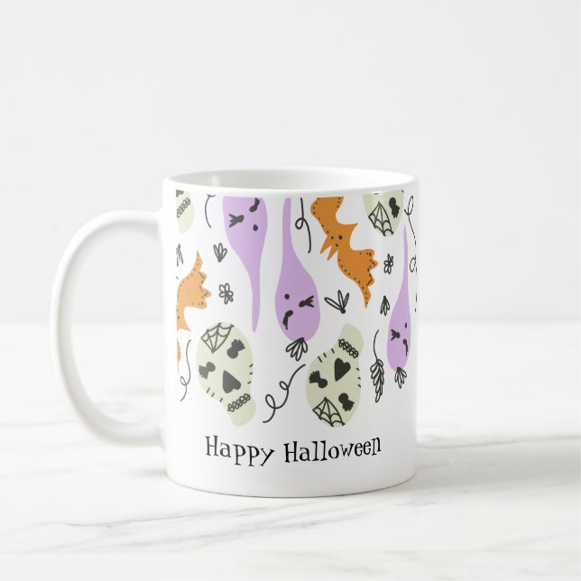 Mug Doodles d'Halloween mignonette Citrouille chat crâ (Gauche)