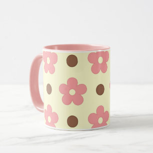 Mug Douce Florale Rose et Motif à Polka Brun Rétro
