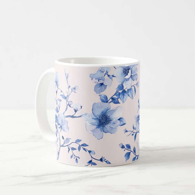 Mug Douce Réception de Mariage Florale Bleue et Rose (Devant gauche)