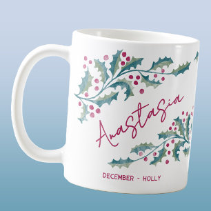 Mug Douze Naissance Fleur Nom personnalisé Houx