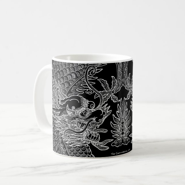 Mug Dragon chinois traditionnel Dessin noir blanc (Devant gauche)
