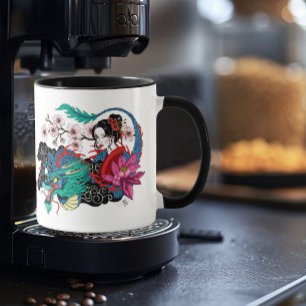 Mug Dragon Géisha Asiatique Cerisiers Bleu