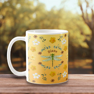 Mug Dragonfly en or, vert, Fleurs jaunes