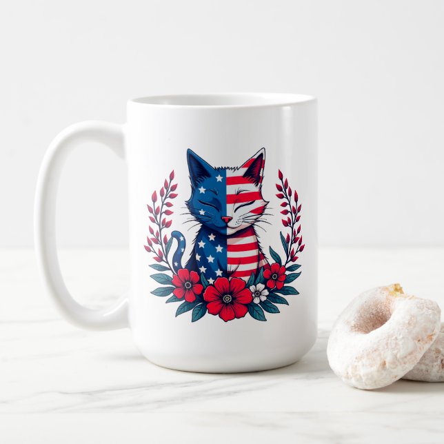 Mug Drapeau américain chat mignon et Fleurs rouges Pat (Avec donut)