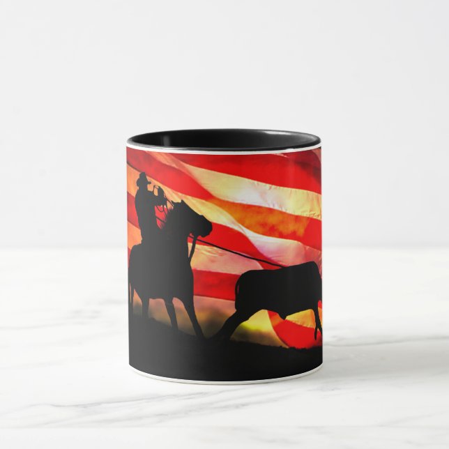 Mug Drapeau américain Cowboy Steer Roping Rodeo (Centre)