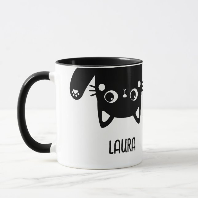 Mug Drôle à l'envers vers le bas Chat noir avec nom Mu (Gauche)