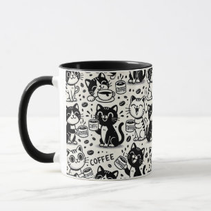Mug drôle de chat noir et blanc buvant du café