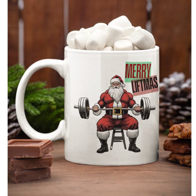 Mug Drôle Fitness Noël Vies de Noël Barbell Père Noël (Merry Liftmas Funny Fitness Christmas Coffee Mug. A swole Santa Claus ready to lift presents.)