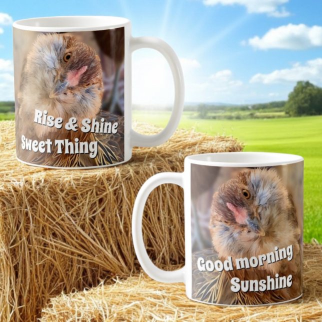 Mug Drôle Modèle photo de tête de poulet doré (Mug view on both sides of handle and template text)