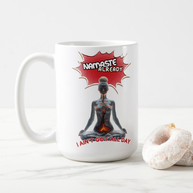 Mug Drôle Yoga Comic Pop Art - "Namaste Déjà" (Avec donut)