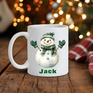 Mug Écharpe verte Noël Snowman Nom personnalisé
