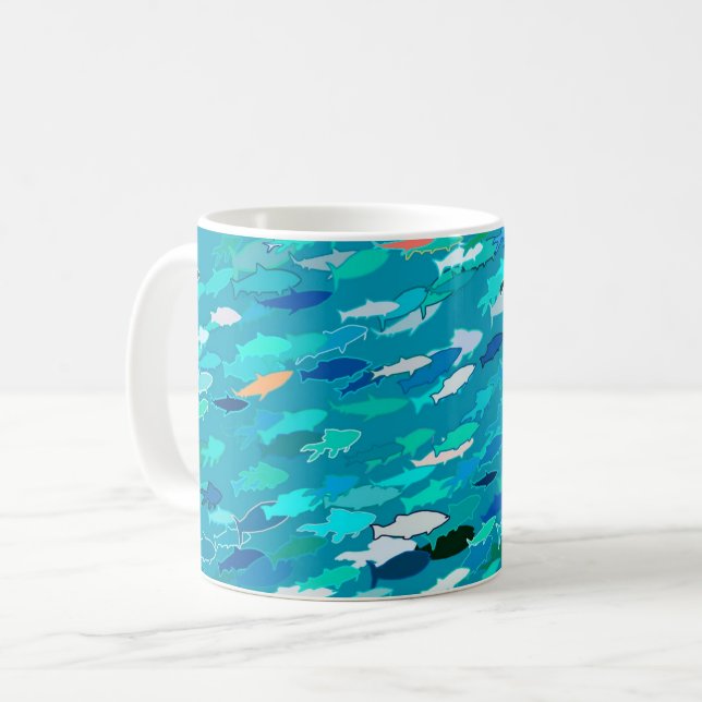 Mug École de Poissons, Turquoise, Bleu et Aqua (Devant gauche)