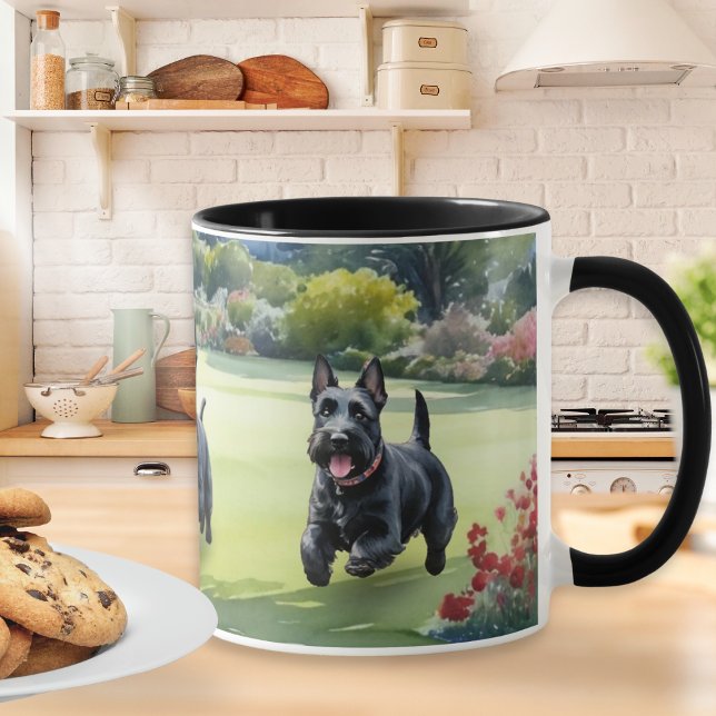 Mug Écoles écossaises Terrier Dogs Watercolor (A mug with picture of Scottish Terrier dogs playing in a garden in summer, in a watercolor style)
