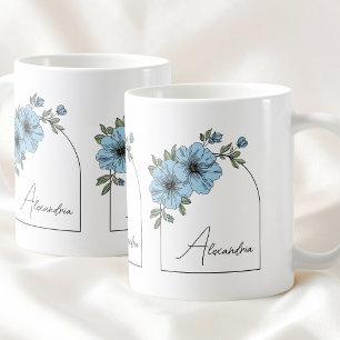 Mug Écriture noire botanique élégante florale bleue