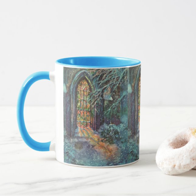Mug Eglise de Noël vintage avec vitre en verre (Avec donut)