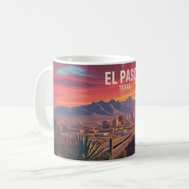 Mug El Paso Texas Mug: Retro Desert Sunset Cityscape (Devant gauche)