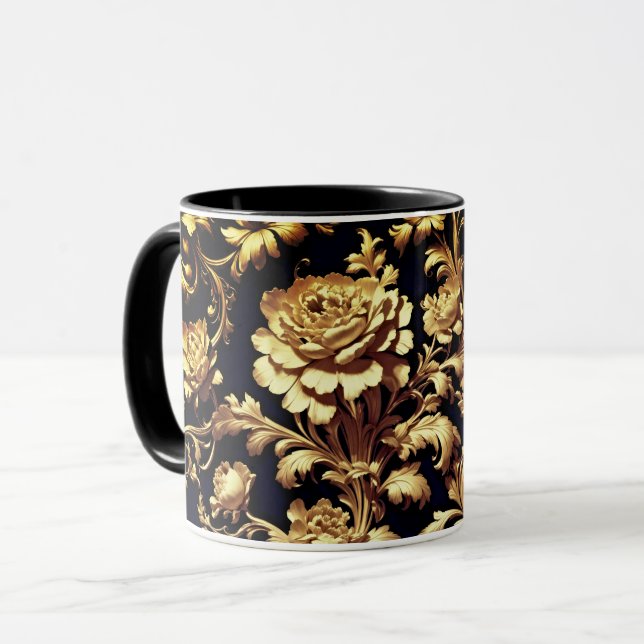 Mug Elégance Personnalisée : Floral noir et or (Devant gauche)