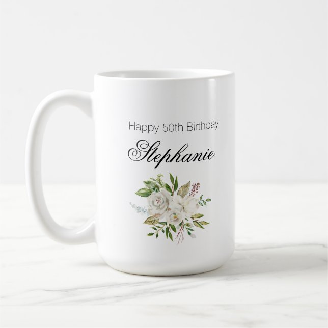 Mug Élégant 50e anniversaire Floral blanc (Gauche)