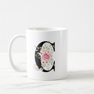 Mug Elegant Alphabet Coffee Cup with Pink Rose Design