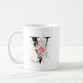 Mug Elegant Alphabet Coffee Cup with Pink Rose Design