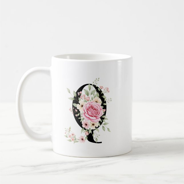 Mug Elegant Alphabet Coffee Cup with Pink Rose Design (Gauche)