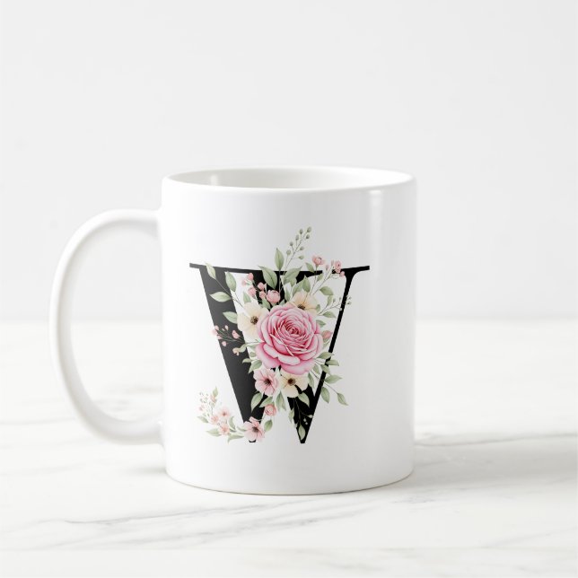 Mug Elegant Alphabet Coffee Cup with Pink Rose Design (Gauche)