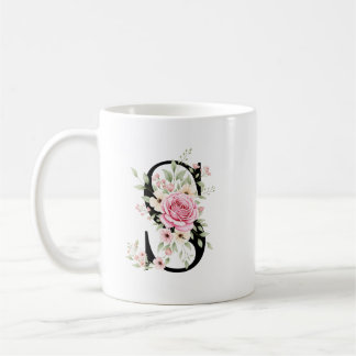 Mug Elegant Alphabet Coffee Cup with Pink Rose Design