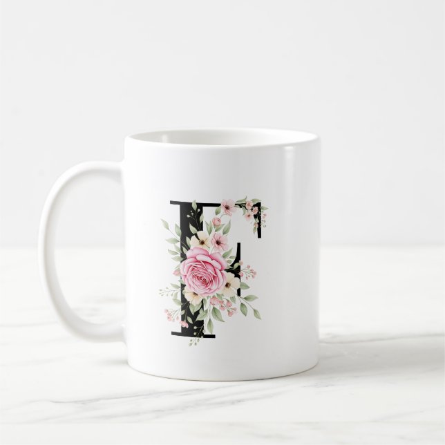 Mug Elegant Alphabet Coffee Cup with Pink Rose Design (Gauche)