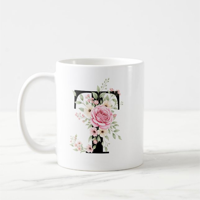 Mug Elegant Alphabet Coffee Cup with Pink Rose Design (Gauche)
