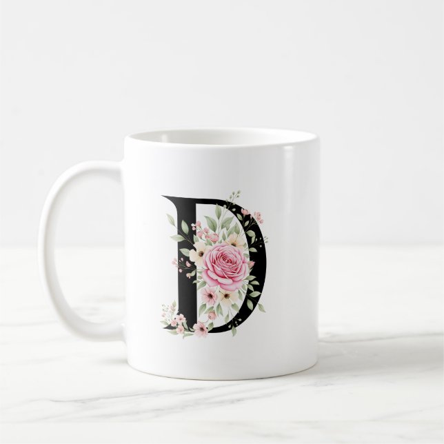 Mug Elegant Alphabet Coffee Cup with Pink Rose Design (Gauche)