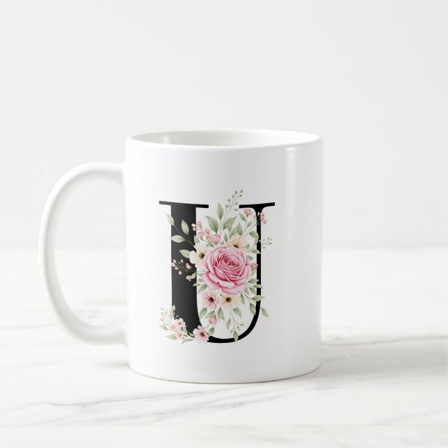 Mug Elegant Alphabet Coffee Cup with Pink Rose Design (Gauche)