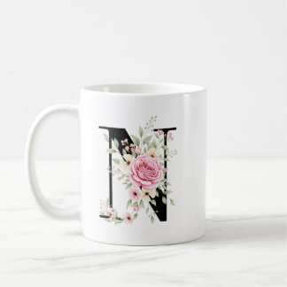 Mug Elegant Alphabet Coffee Cup with Pink Rose Design
