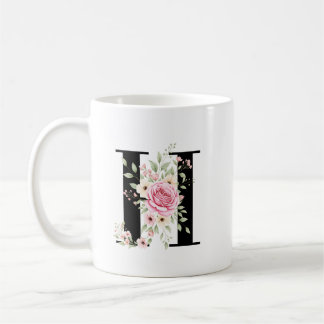 Mug Elegant Alphabet Coffee Cup with Pink Rose Design