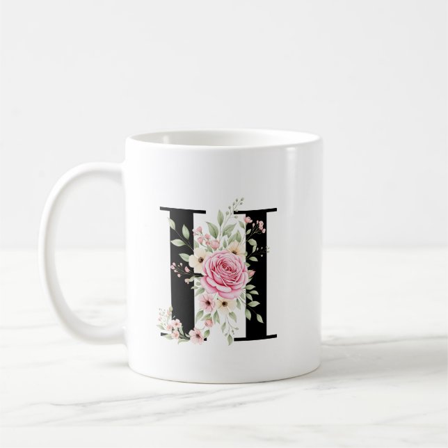 Mug Elegant Alphabet Coffee Cup with Pink Rose Design (Gauche)