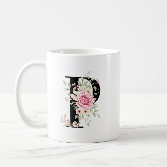 Mug Elegant Alphabet Coffee Cup with Pink Rose Design (Gauche)