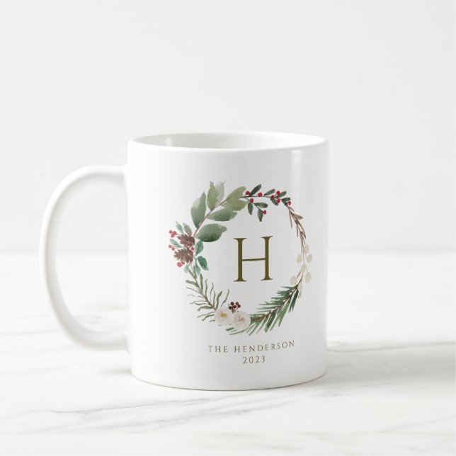 Mug Élégant aquarelle de Noël monogramme de couronne (Gauche)