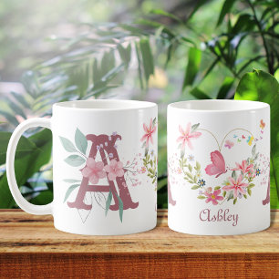 Mug Elégant aquarelle papillon floral Monogramme A