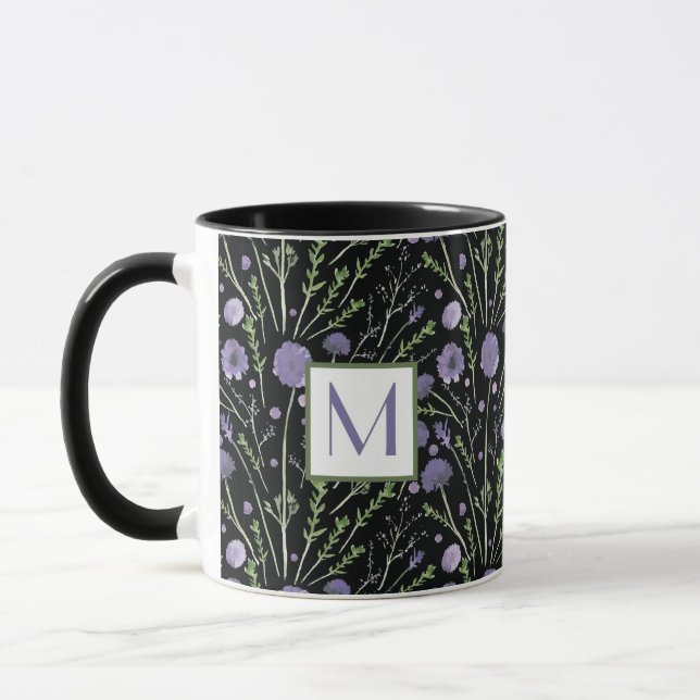 Mug Elégant Aquarelle violet Fleurs Monogramme (Gauche)