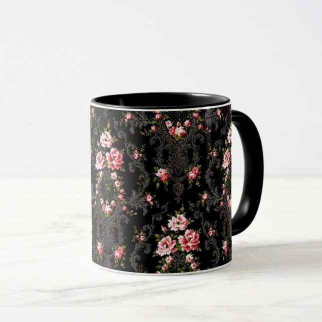Mug Élégant Arrière - plan Floral-Noir de Rococo (Devant droit)
