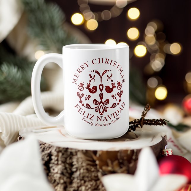 Mug Élégant Bilingue Burgundy Birds Noël (Biligual Christmas Mug, Spanish, customizable family name & text. Multilingual Project)