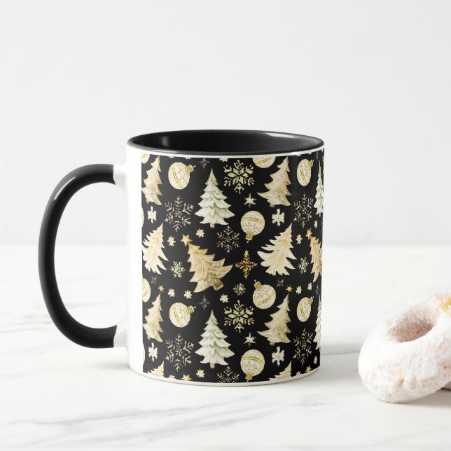 Mug Élégant Black Gold Snowflakes Christmas Tree Balls (Avec donut)