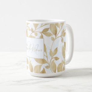Mug Elégant Blanc Or Feuille verdure Botanique