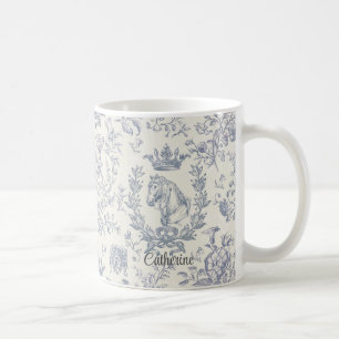 Mug Elégant bleu beige équestre fleuri Nom