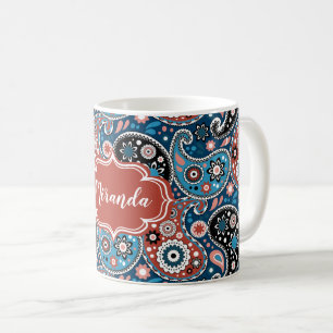 Mug Élégant Bleu et Rouge Paisley Imprimer texte per