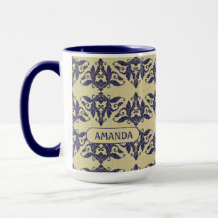 Mug Élégant Bleu Nuit Jaune Damassé Vintage Monogramme