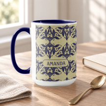 Élégant Bleu Nuit Jaune Damassé Vintage Monogramme